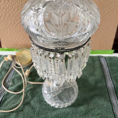 Antique American Billiant Period Cut Glass Mushroom Lamp- Faceted Crystal Dome Shade Adorned W/Cascading Hanging Prisms