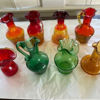 Vintage Hand Blown Crackle Glass, Mini Pitchers & Vases in Various Colors