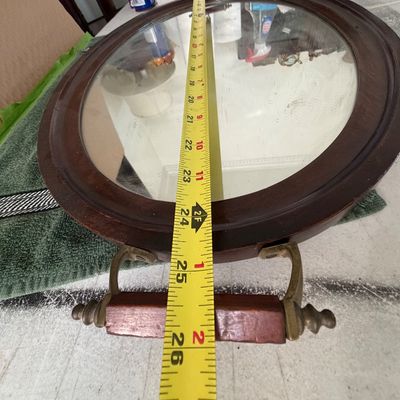Antique Oval Wood Framed Mirror Tray with Brass Side Handles with Wooded Grips
