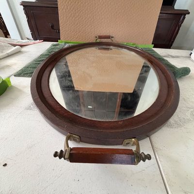 Antique Oval Wood Framed Mirror Tray with Brass Side Handles with Wooded Grips