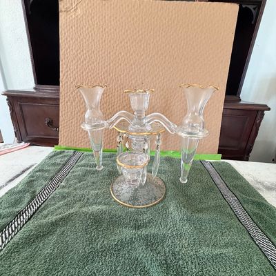 Vintage Cambridge Glass Co. Multi ~Piece Epergne & Candelabra Set in Clear Glass With Gold Trim