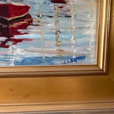 Oil Painting Harbor Scene with Moored Sailboats