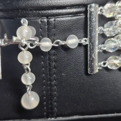Sale Photo Thumbnail #30: Vintage creamy glass beaded Necklace & Large glass bead Necklace & Earrings
> 2 fashionable necklaces and Earring set
> multi strand frosted glass beads, w/ 4 strand clasp
> large frosted necklace has 3 rhinestone beads random spaced
> earrings are mop sh