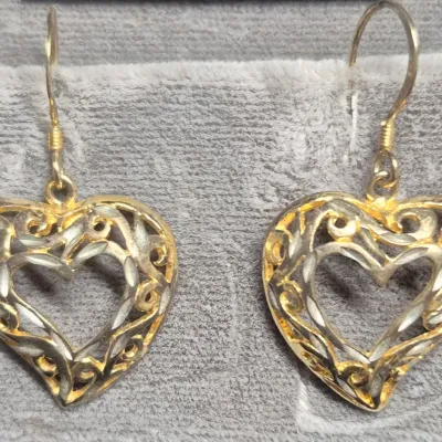 Sale Photo Thumbnail #39: Sterling silver Heart shaped Earrings ~ marked sterling reverse side
>1.25" total drop
> washed gold over sterling.