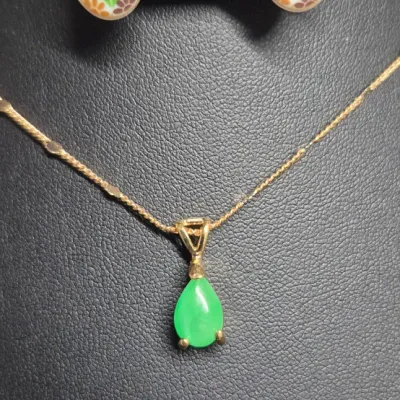 Sale Photo Thumbnail #57: Jade Pendant necklace & enameled Jade Earrings coord.
> Necklace is 18" long with a very long exenter?
> pendant is jade glass
> earrings are enameled post type .