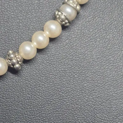 Sale Photo Thumbnail #46: Freshwater Pearl Necklace & Pearl triangle Earrings coord.
> freshwater pearls knotted and space sequentially.....w/ J clasp
> pearl and silver triangle earrings are clip backs