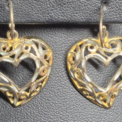 Sale Photo Thumbnail #37: Sterling silver Heart shaped Earrings ~ marked sterling reverse side
>1.25" total drop
> washed gold over sterling.