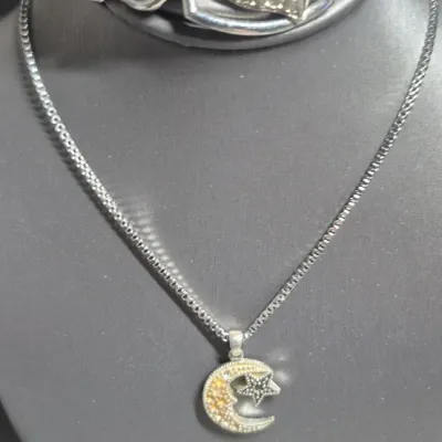 Sale Photo Thumbnail #21: Crescent Moon Pendant w/box chain Necklace & Bracelet coord.
> Pendant marked 925, box chain marked
> bracelet is 7.5" long, extra safety chain .....unbranded
> set coordinates
