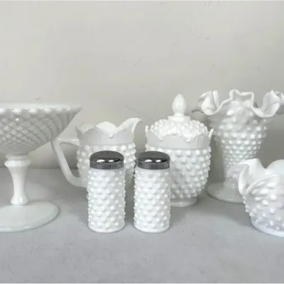 Hobnail Milk Glass Collection, 7pcs
