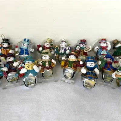 Bradford Exchange Thomas Kinkade "Snow-Bell Holidays" snowman ornaments, 15pcs
