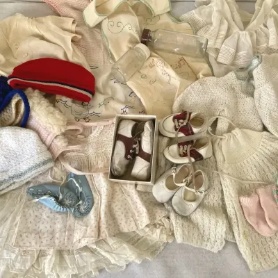 Vintage Baby Clothes, Accessories And Glass Bottles 