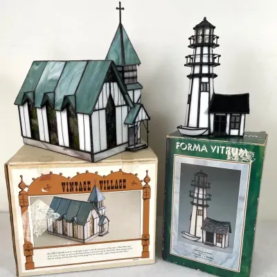 Stain glass Church And Lighthouse Light Up Village 