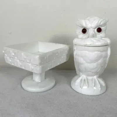 Milk Glass Candy Dish And Owl Jar