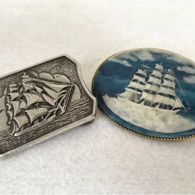 Vintage Clipper Sailing Ship Belt Buckles, 2pc