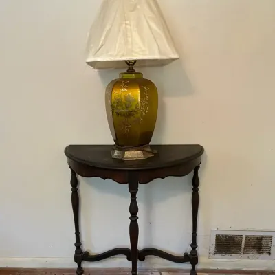 Wood Half Moon Table And Lamp