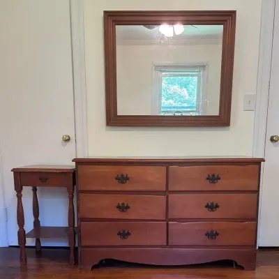 Wood Dressee and Wall Mirror with Nightstand