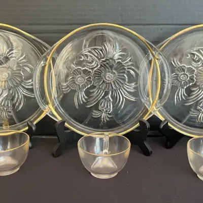 Glass Luncheon Plates And Cups With Gold Colored Accents