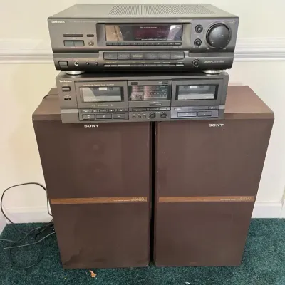 Technics AV Control Stereo Receiver And Double Cassette Deck With Sony Floor Speakers