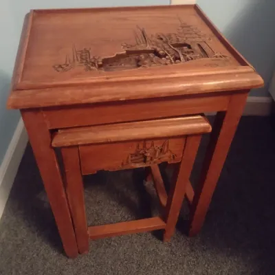 Asian Design Carved Relief Nesting Table Set