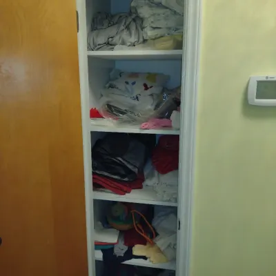 Contents of Closet- Linens, Pillows, Tote Bags, Heating Pad, Duffle Bag, Small Rolling Luggage, etc.