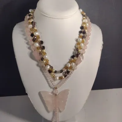 Rose Quartz Butterfly Necklace and Pearl and Glass Bead Necklace (#11)