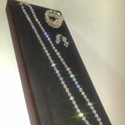 Collection of Aurora Borealis Glass Crystal Jewelry- Necklace, Wire Coil Bracelet, Earrings (#3)
