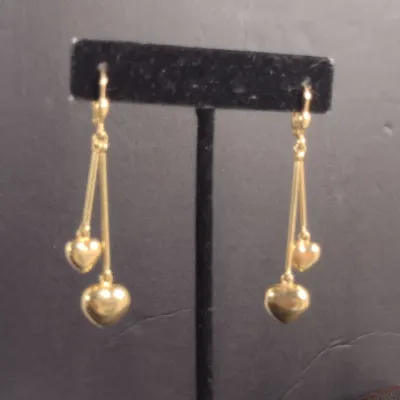 14 Karat Yellow Gold Heart Design Dangle Earrings- Approx 4.8 Grams Total Weight (#19)