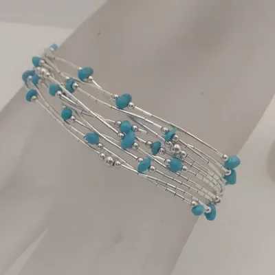 Sterling Silver Multi-Strand Bracelet with Turquoise Accents- Approx 8" Long, 11.3 Grams Total Weight (#4)