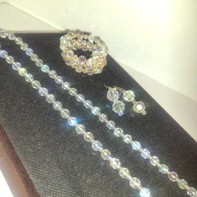 Collection of Aurora Borealis Glass Crystal Jewelry- Necklace, Wire Coil Bracelet, Earrings (#3)