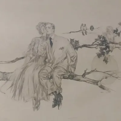 Vintage Framed Print Two Lovers on a Branch Cupid in the Background