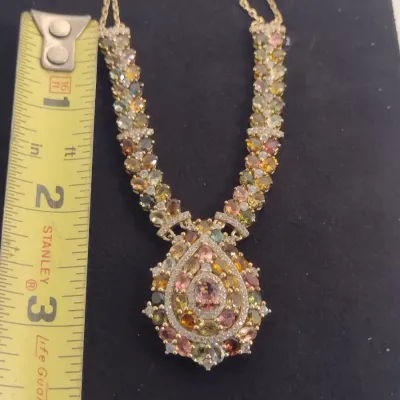 Multi-Color Tourmaline and White Zircon 18 Karat Gold Over Sterling Silver Necklace- Approx 18" Long (#10)