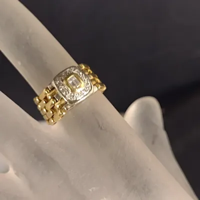 14 Karat Yellow and White Gold and Diamond Link Style Ring - Approx 7.4 Grams Total Weight, Size 5 (#27)