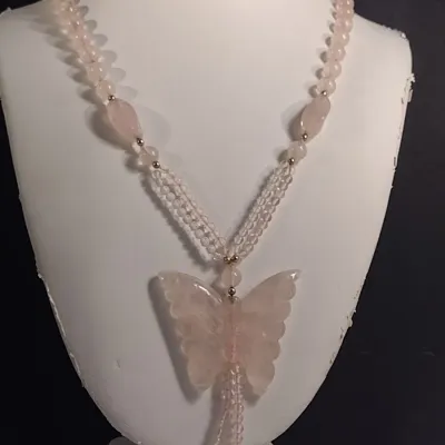 Rose Quartz Butterfly Necklace and Pearl and Glass Bead Necklace (#11)
