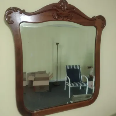 Vintage Wood Framed Wall Mirror with Beveled Glass