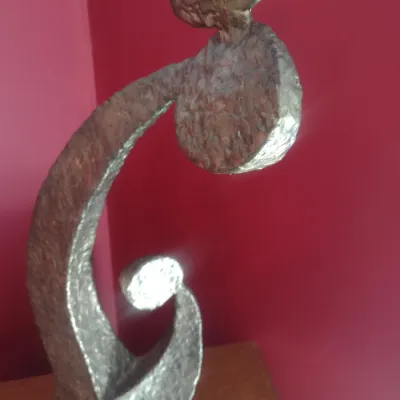 Hammered Bronze-Tone Abstract Mother with Child Metal Statue