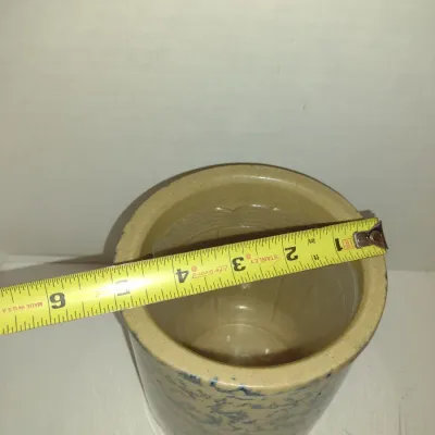Robinson-Ransbottom Roseville Pottery Crock/Utensil Holder with Blue Sponge Pattern- Approx 5" in Diameter, 5 1/4" Tall