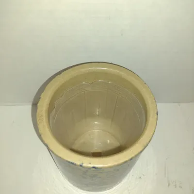 Robinson-Ransbottom Roseville Pottery Crock/Utensil Holder with Blue Sponge Pattern- Approx 5" in Diameter, 5 1/4" Tall