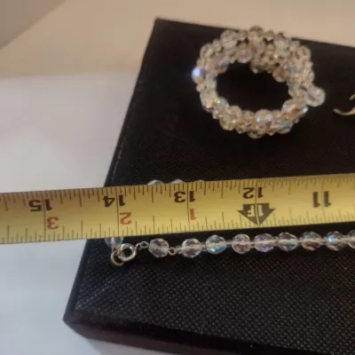 Collection of Aurora Borealis Glass Crystal Jewelry- Necklace, Wire Coil Bracelet, Earrings (#3)