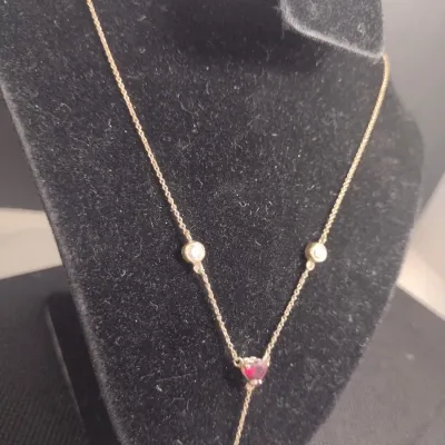 14 Karat Yellow Gold, Gemstone, and Moissanite Necklace- Approx 2.6 Grams Total Weight, 14" Long (#28)