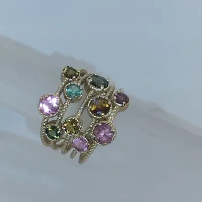Gold Toned Sterling Silver and Multi Gemstone Ring and Earrings- Ring Size 6 (#8)