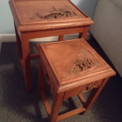 Asian Design Carved Relief Nesting Table Set