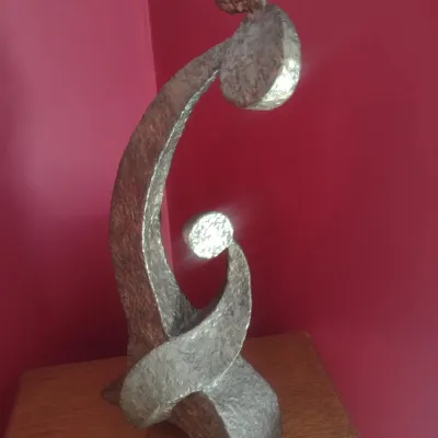 Hammered Bronze-Tone Abstract Mother with Child Metal Statue