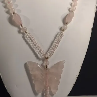 Rose Quartz Butterfly Necklace and Pearl and Glass Bead Necklace (#11)
