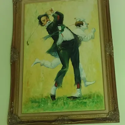 Original Framed Oil on Canvas Clowns Playing Golf by Kenedy