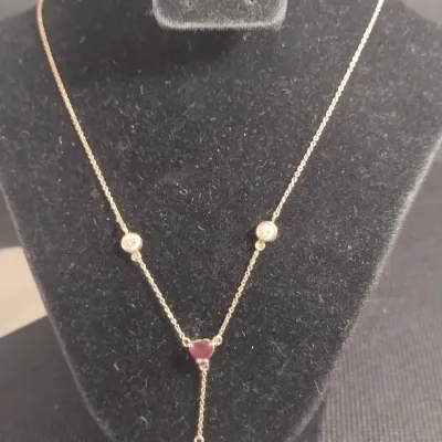 14 Karat Yellow Gold, Gemstone, and Moissanite Necklace- Approx 2.6 Grams Total Weight, 14" Long (#28)