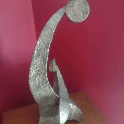 Hammered Bronze-Tone Abstract Mother with Child Metal Statue