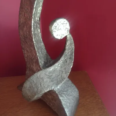 Hammered Bronze-Tone Abstract Mother with Child Metal Statue