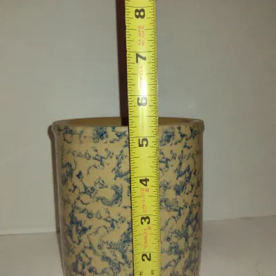 Robinson-Ransbottom Roseville Pottery Crock/Utensil Holder with Blue Sponge Pattern- Approx 5" in Diameter, 5 1/4" Tall