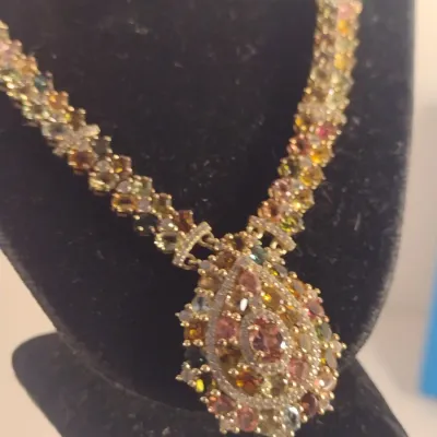Multi-Color Tourmaline and White Zircon 18 Karat Gold Over Sterling Silver Necklace- Approx 18" Long (#10)