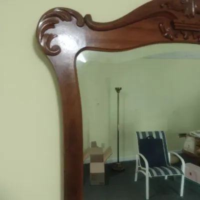 Vintage Wood Framed Wall Mirror with Beveled Glass